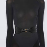 Front view of black large belt on model wearing black leotard suit on white background