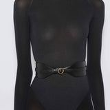 Front view of black large belt on model wearing black leotard suit on white background