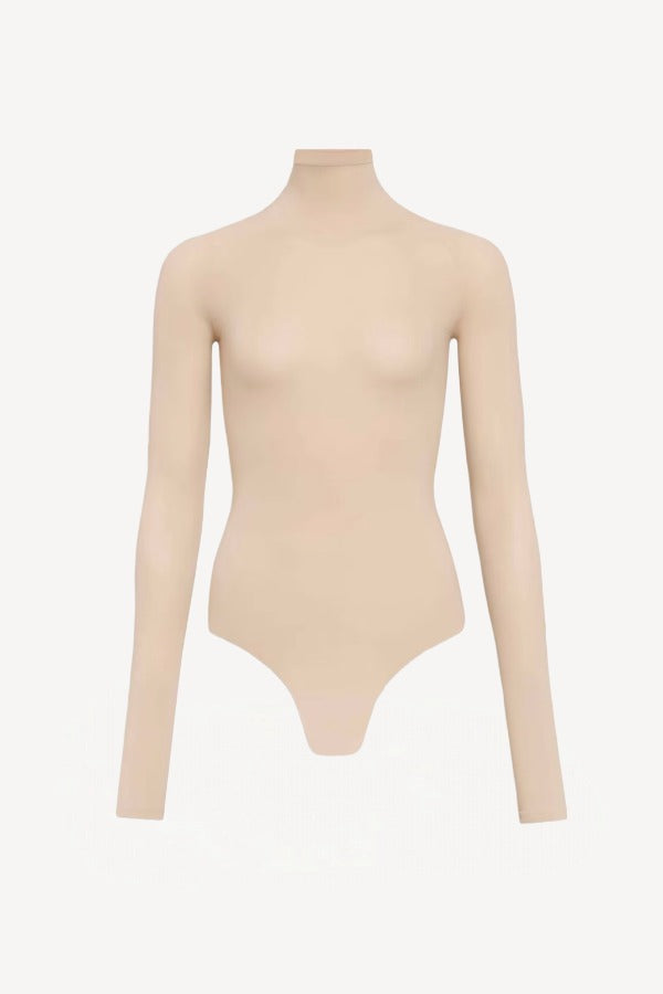 Front view of mastic secondskin bodysuit on hite background, with no model shown.