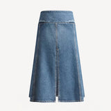 Front view of denim slit skirt on white background, with no model shown.