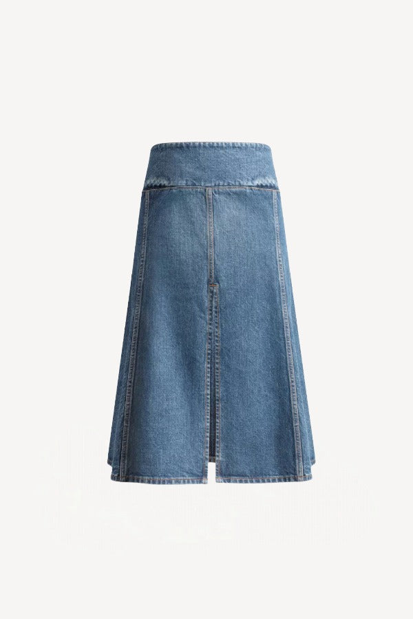 Front view of denim slit skirt on white background, with no model shown.