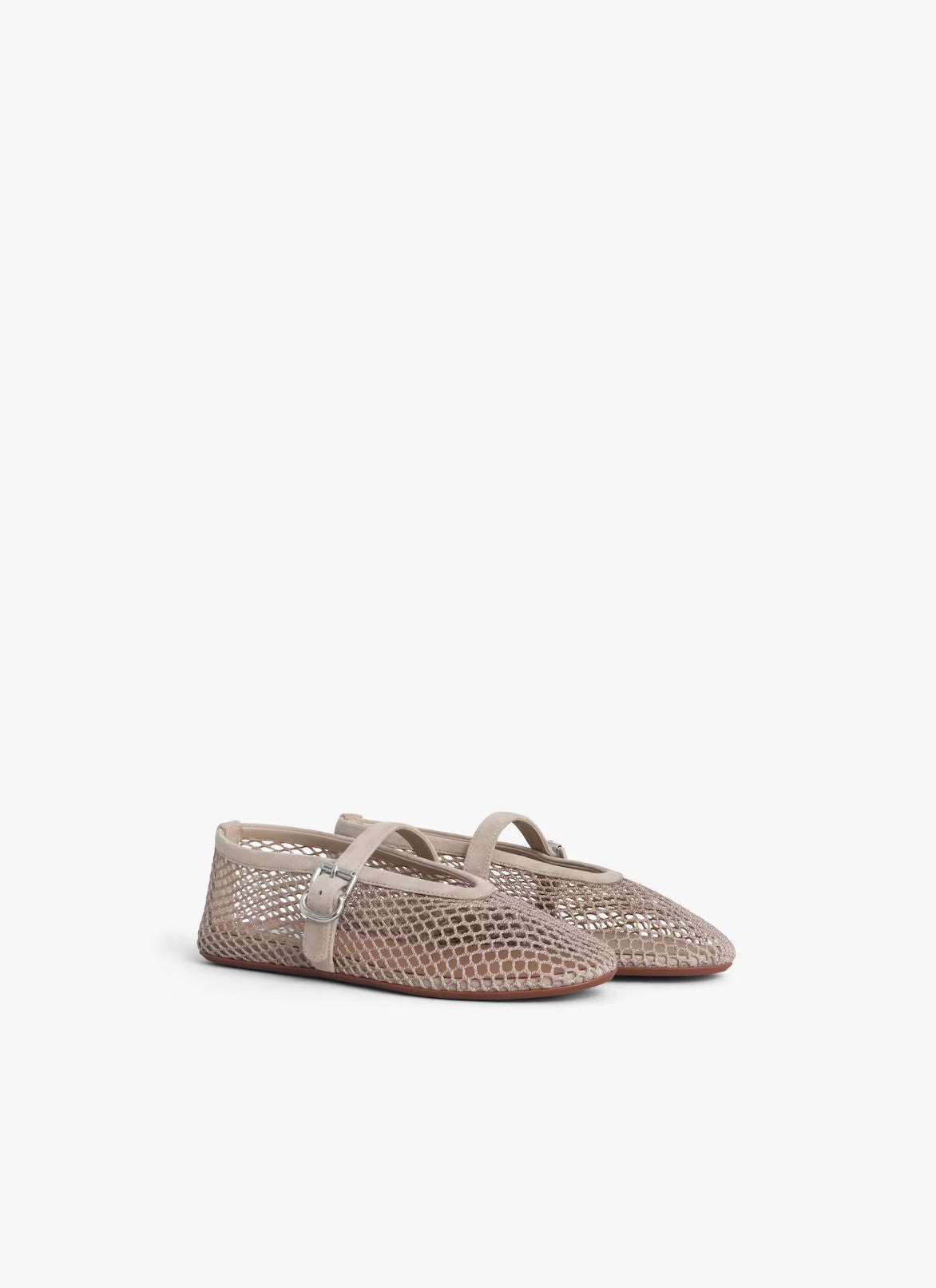 Side slanted view of grey fishnet ballet flat on white background, with no model shown.