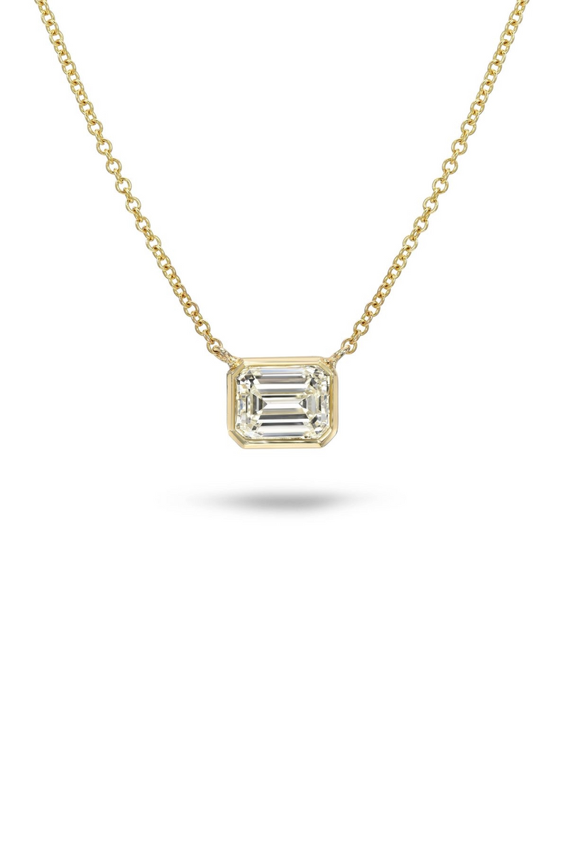18K Yellow Gold Bezel Set Emerald Cut Diamond Necklace