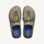 Overhead view of taupe uerzell sneaker on white background, with no model shown.