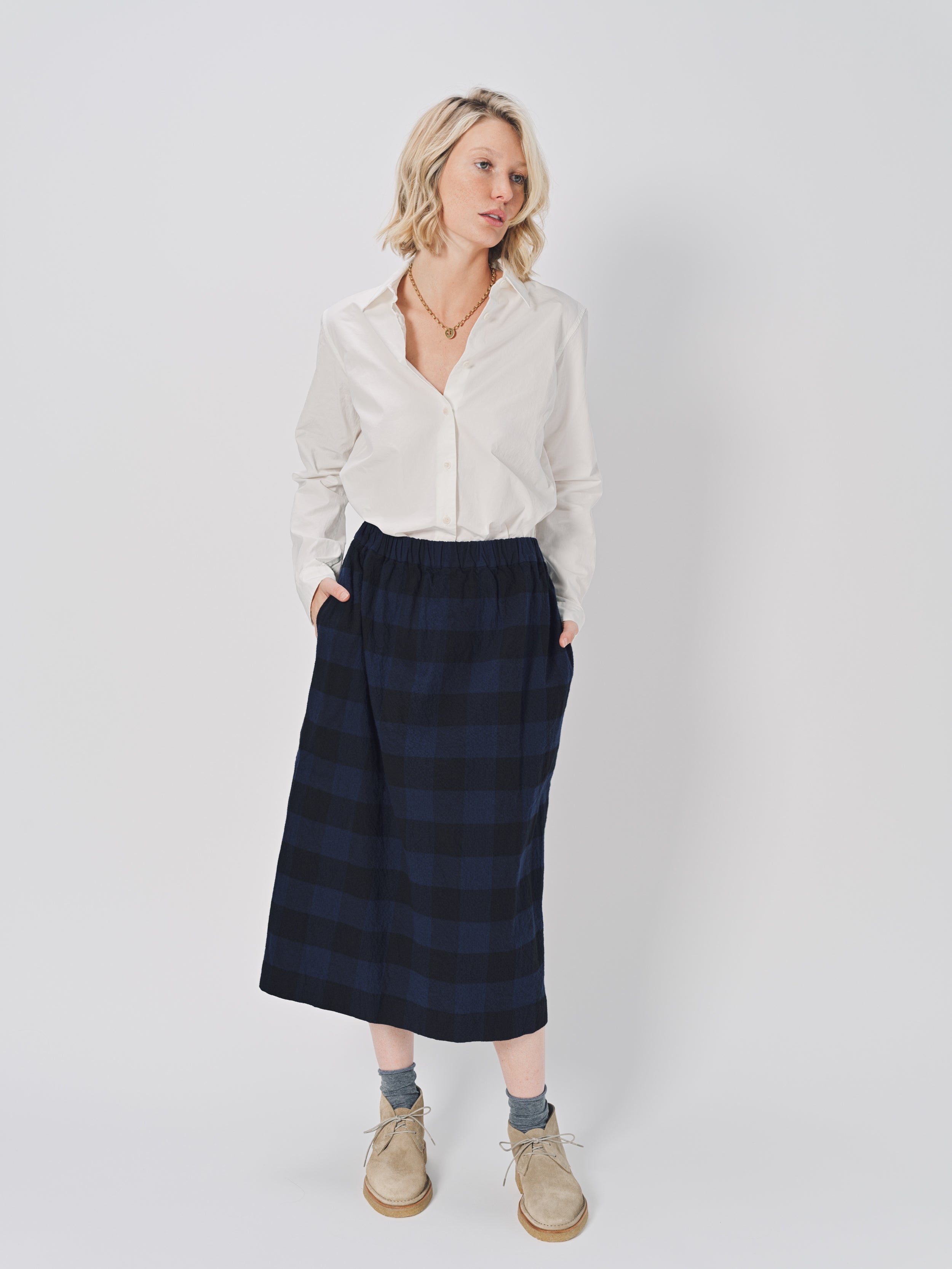 Casey Casey Simple Check Skirt in Cotton Navy / 1