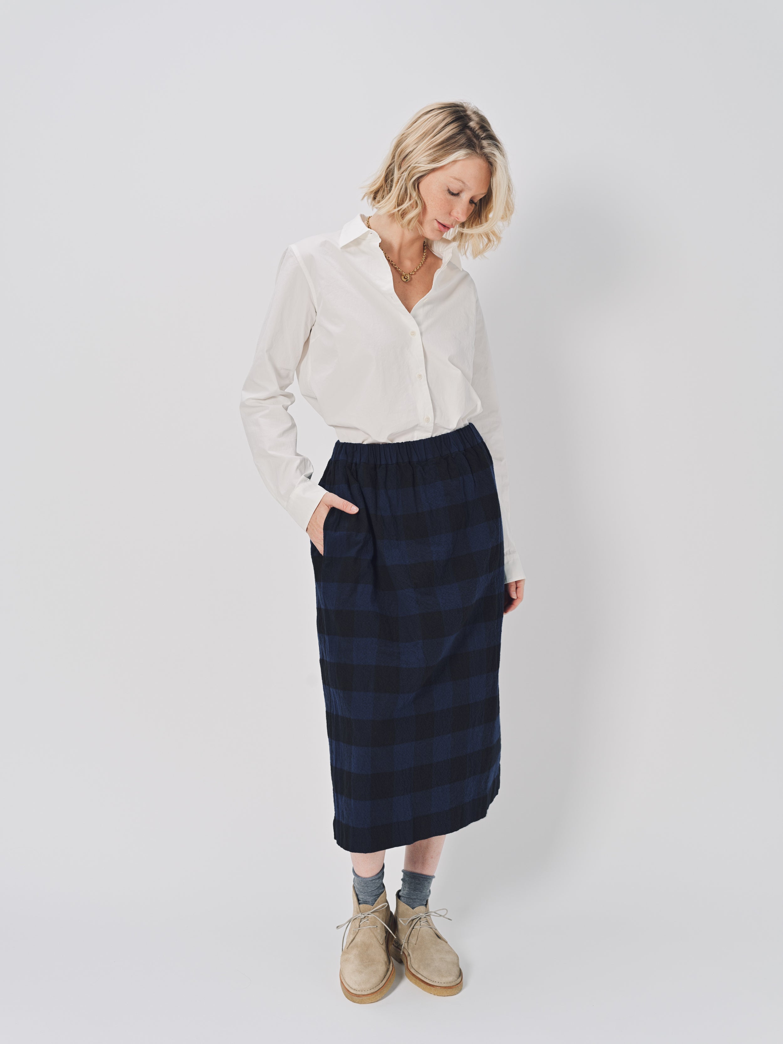 Casey Casey Simple Check Skirt in Cotton Navy / 1