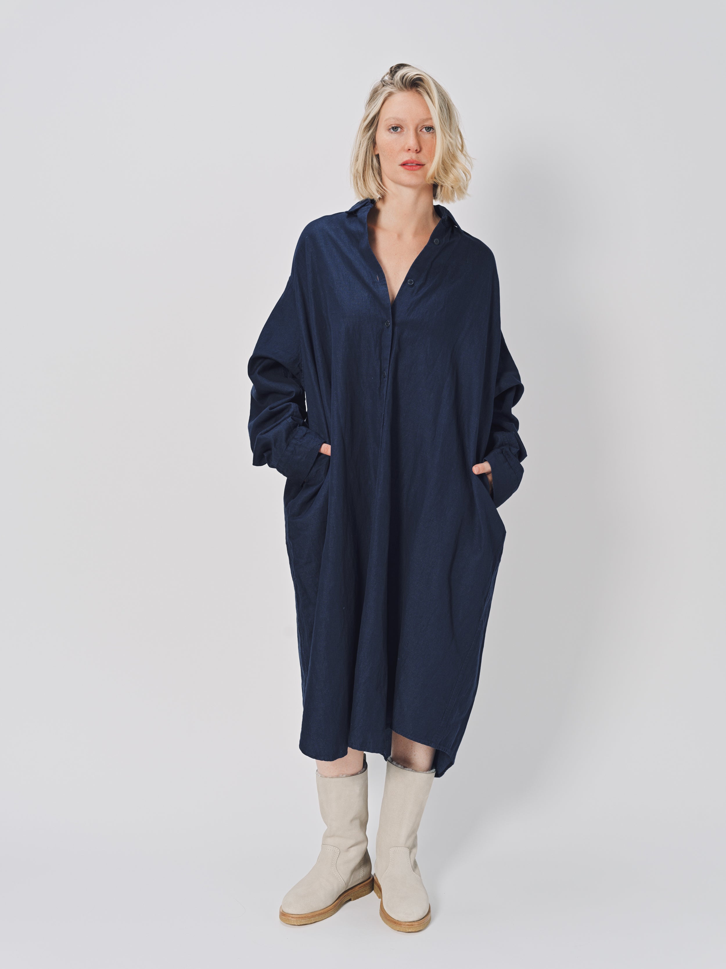 Casey Casey Orsan Dress in Cotton and Linen Indigo / 0