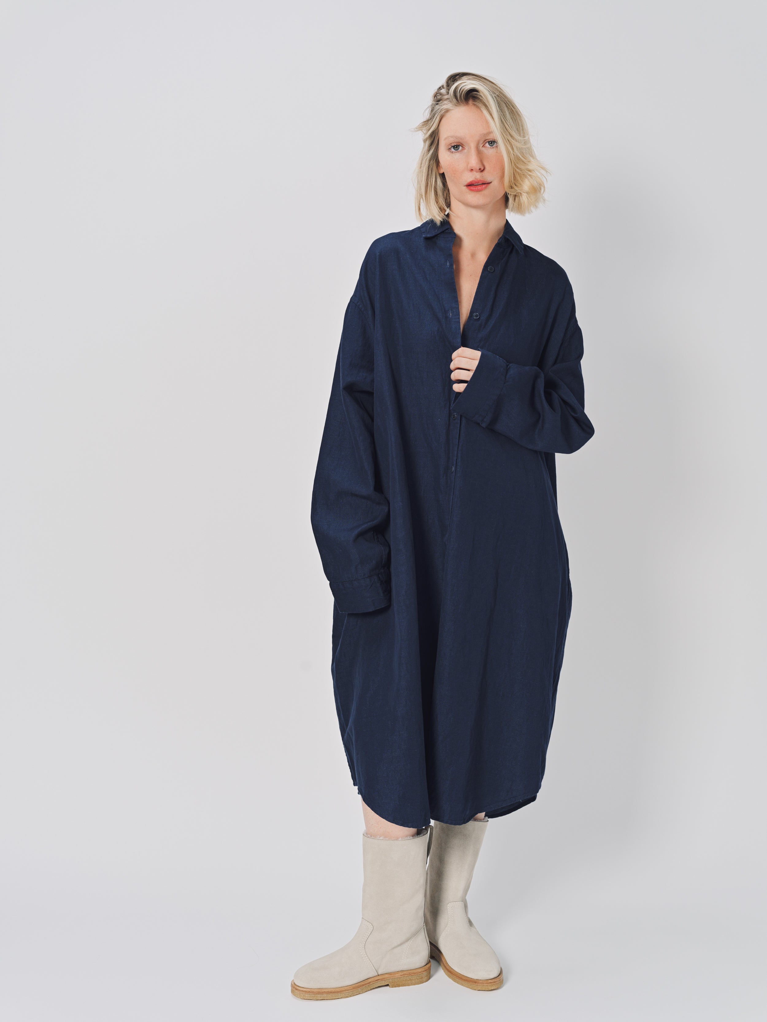 Casey Casey Orsan Dress in Cotton and Linen Indigo / 0
