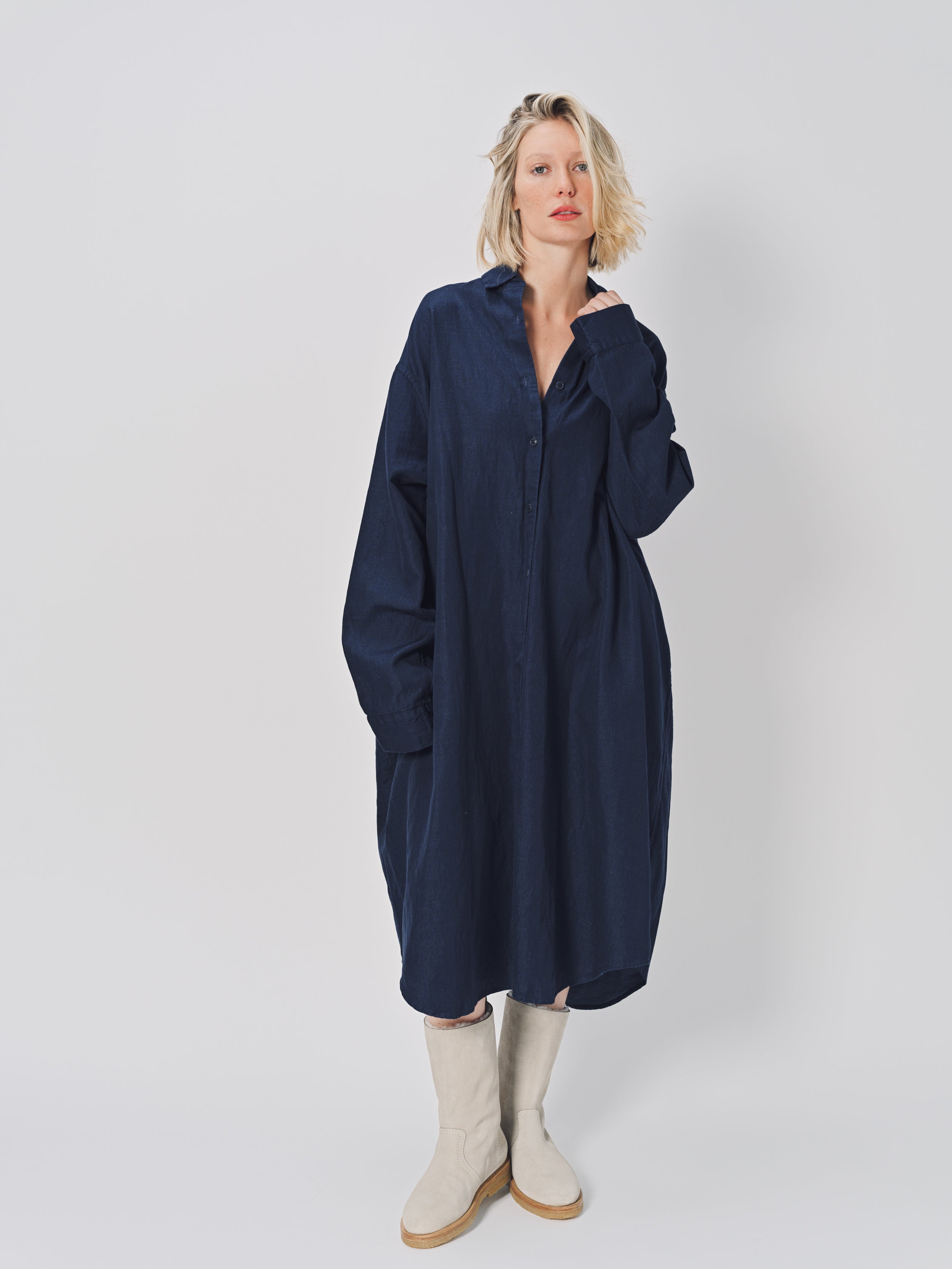 Casey Casey Orsan Dress in Cotton and Linen Indigo / 0