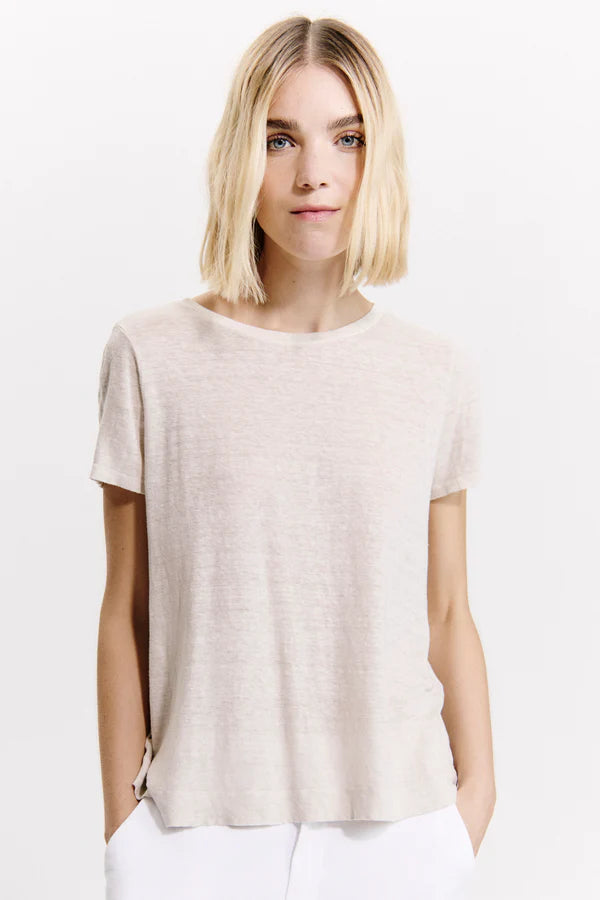 Linen jersey half-sleeve flared t-shirt - Sand