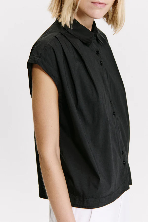 Short oversized shirt in stretch cotton poplin - Black