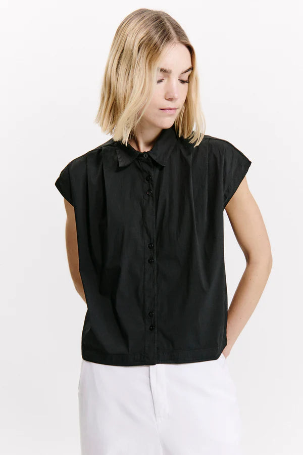 Short oversized shirt in stretch cotton poplin - Black