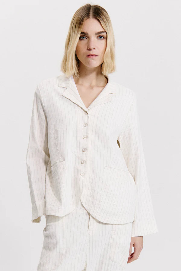 Linen and viscose stretch pinstripe short jacket