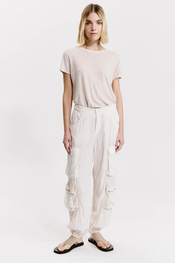 Silk-blend multi-pocket cargo trousers with elastic