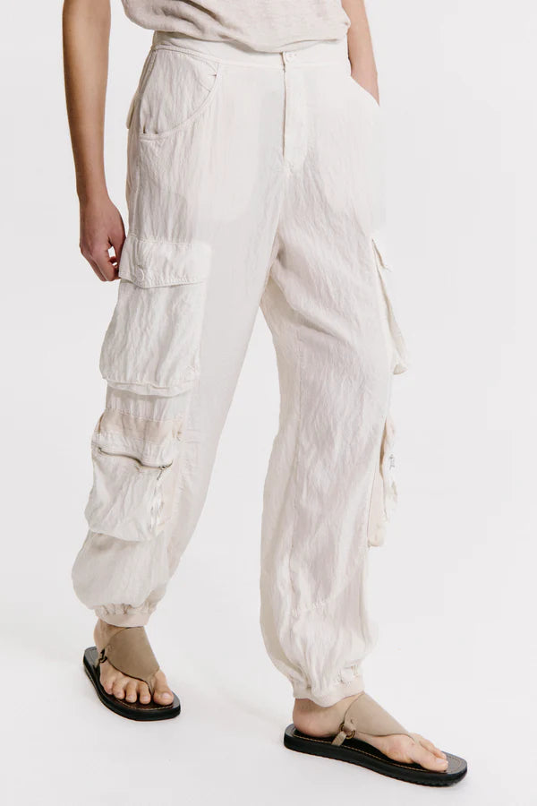 Silk-blend multi-pocket cargo trousers with elastic