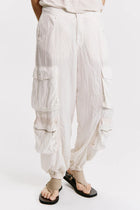 Silk-blend multi-pocket cargo trousers with elastic