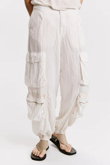 Silk-blend multi-pocket cargo trousers with elastic
