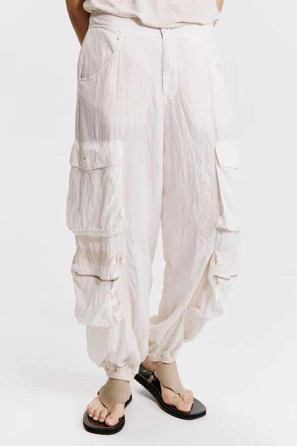 Silk-blend multi-pocket cargo trousers with elastic