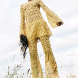 Gabriela Hearst Phoenix Flare Cropped Pant in Gold Silk Macrame Lace