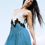 Althea Lace Slip Maxi Dress in Light Blue Recycled Cotton Linen Denim