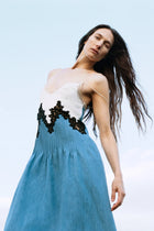 Althea Lace Slip Maxi Dress in Light Blue Recycled Cotton Linen Denim