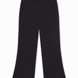 Front view of cropped flared pants on flat surface, with no model shown, against a white background.