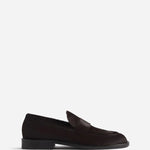 Right side view of chocolate calf hair loafer on white background, with no model shown.