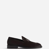 Right side view of chocolate calf hair loafer on white background, with no model shown.