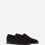 Pair view of chocolate calf hair loafer on white background, with no model shown.