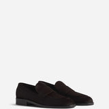 Pair view of chocolate calf hair loafer on white background, with no model shown.
