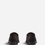Back view of chocolate calf hair loafer on white background, with no model shown.