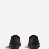 Back view of chocolate calf hair loafer on white background, with no model shown.