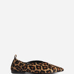 Right side view of leopard pointed elasticized slipper on white background, with no. model shown.