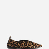 Right side view of leopard pointed elasticized slipper on white background, with no. model shown.