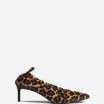 Right side view of leopard calf hair pointed ruched pumps on white background, with no model shown.
