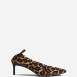 Right side view of leopard calf hair pointed ruched pumps on white background, with no model shown.