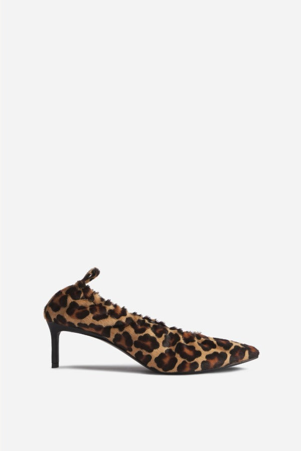 Right side view of leopard calf hair pointed ruched pumps on white background, with no model shown.