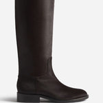 Right side view of chocolate calf hair riding boot on white background, with no  model shown.