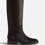 Right side view of chocolate calf hair riding boot on white background, with no  model shown.