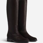 Pair view of chocolate calf hair riding boot, on white background, with no model shown.
