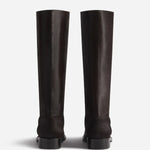 Back view of chocolate calf hair riding boots on white background, with no model shown.