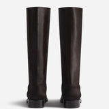 Back view of chocolate calf hair riding boots on white background, with no model shown.