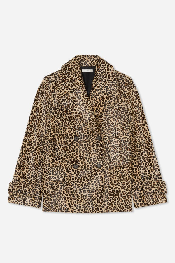 Front view of leopard peacoat on white background, with no model shown.