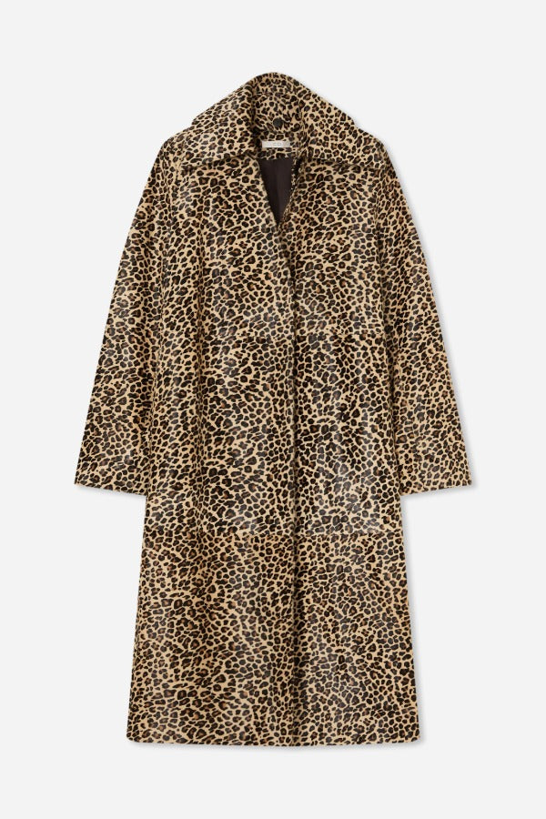 Alternate front view of leopard coat on white background, with no model shown.