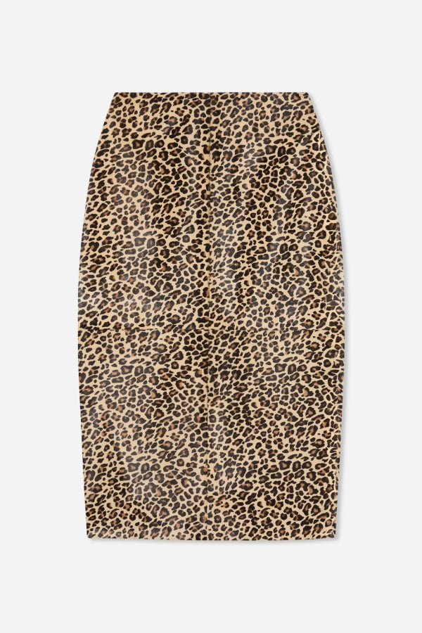 Front view of leopard skirt on white background, with no model shown.