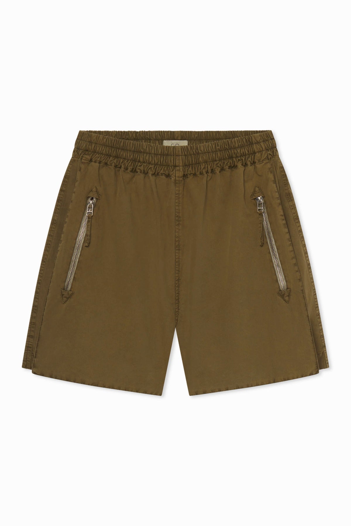 Front view of olive combat short on white background, with no model shown.