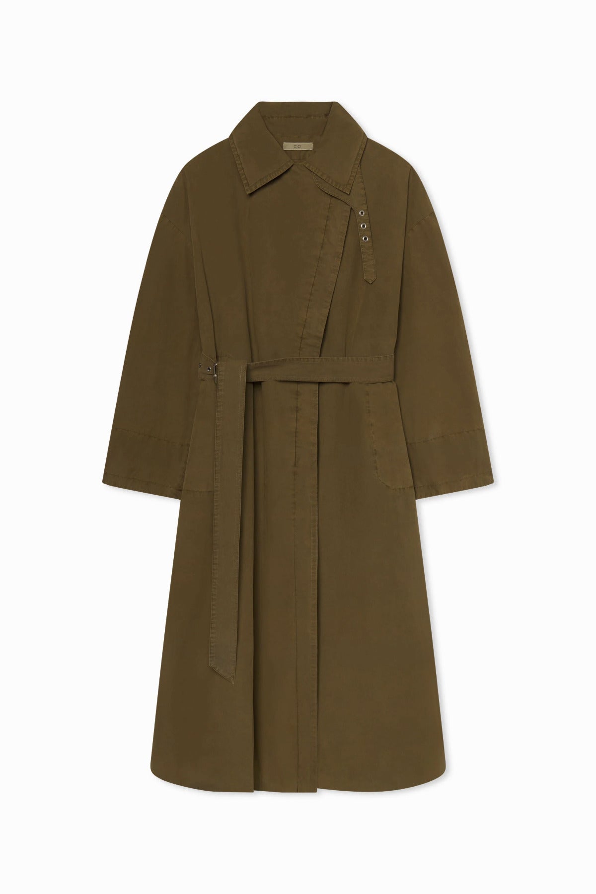 Front view of olive oversized trench coat on white background, with no model shown.