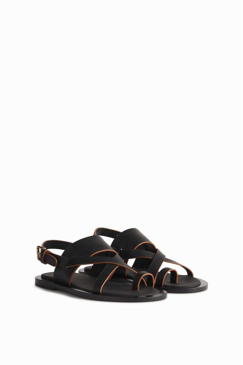 Both black leather sandals are shown together in a side profile with a white background.