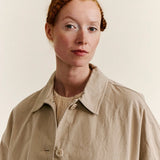 Front closeup view of oatmeal tatiana jacket on model, against a white background.