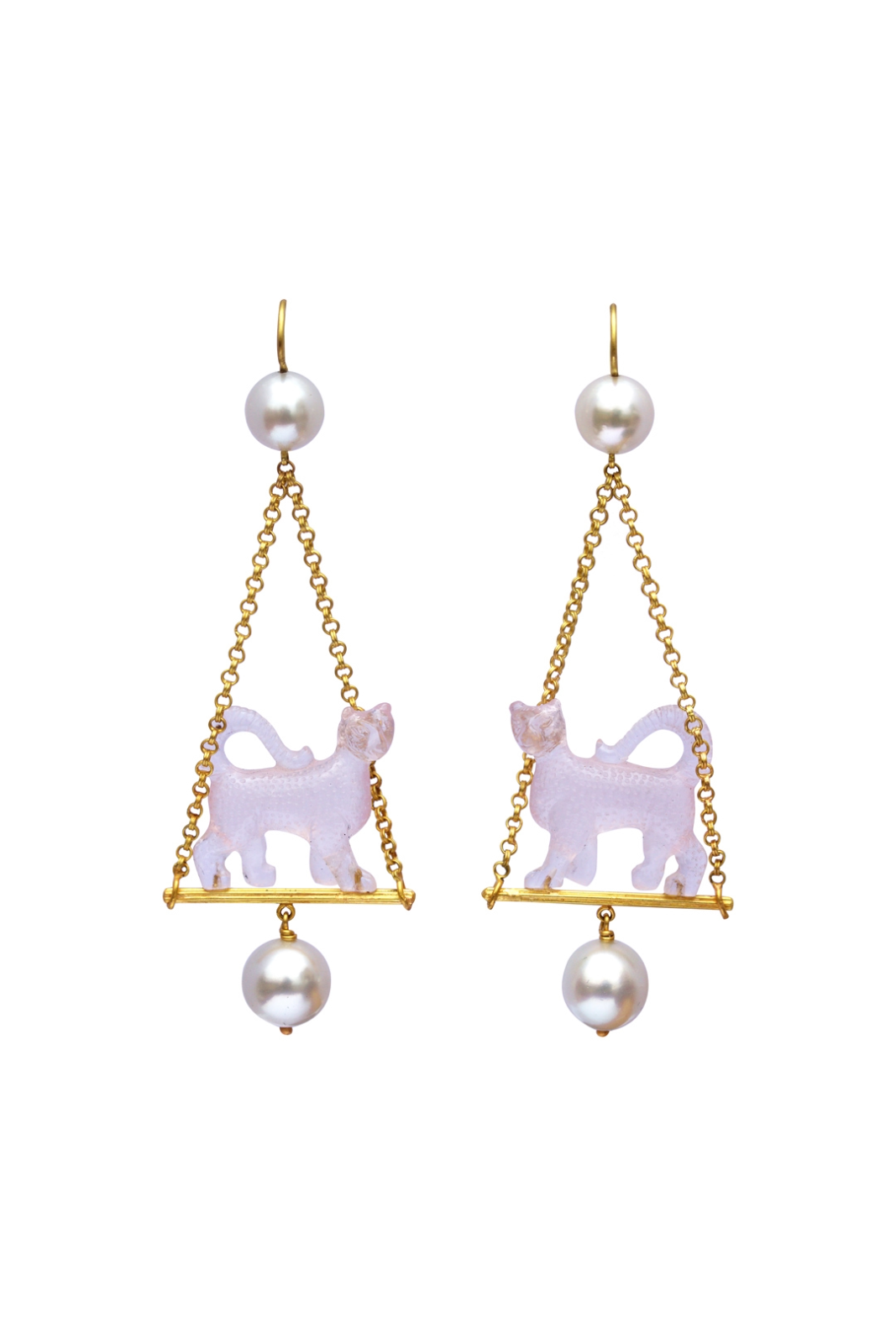 22K Yellow Gold Renaissance Guepard Rose Quartz and Pearl Earrings